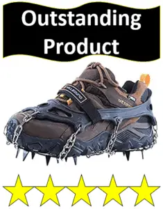 metal attachable crampons on hiking shoe